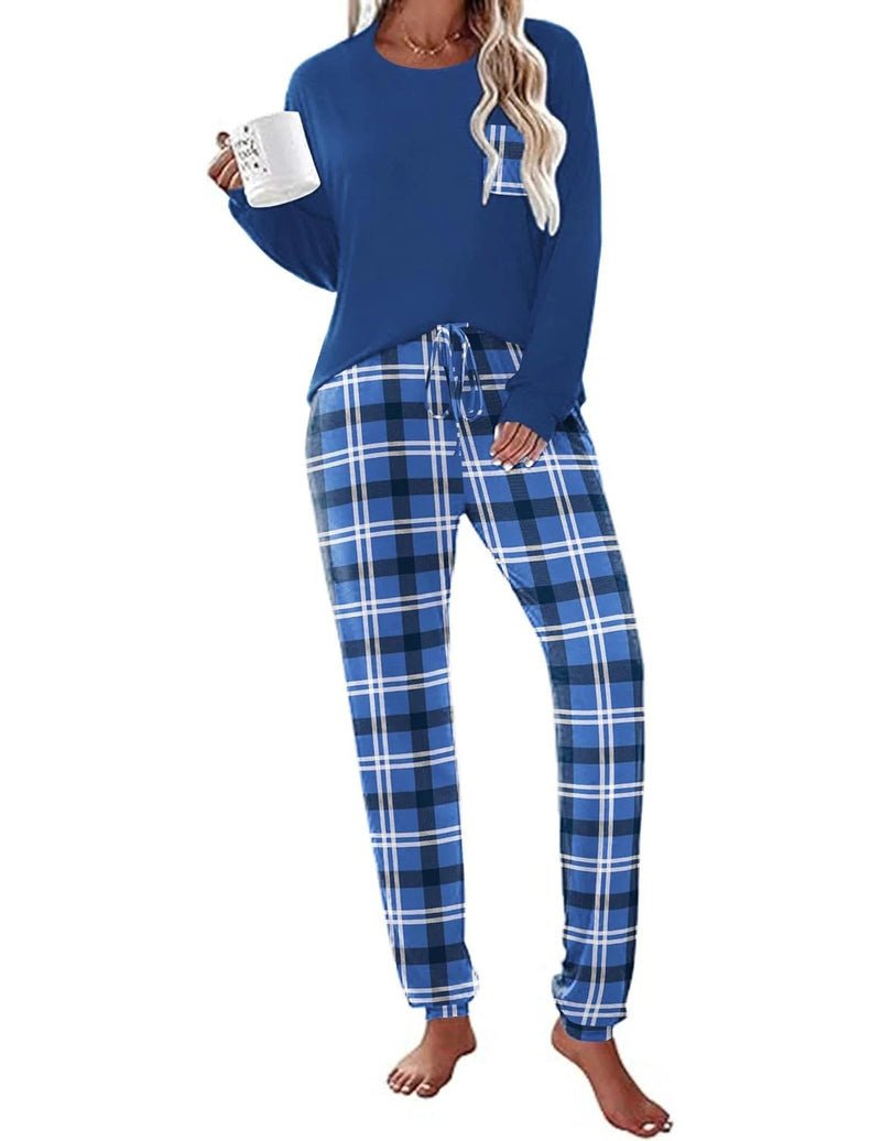 Long Sleeve Christmas PJ set: blue long-sleeve top with blue plaid drawstring pants