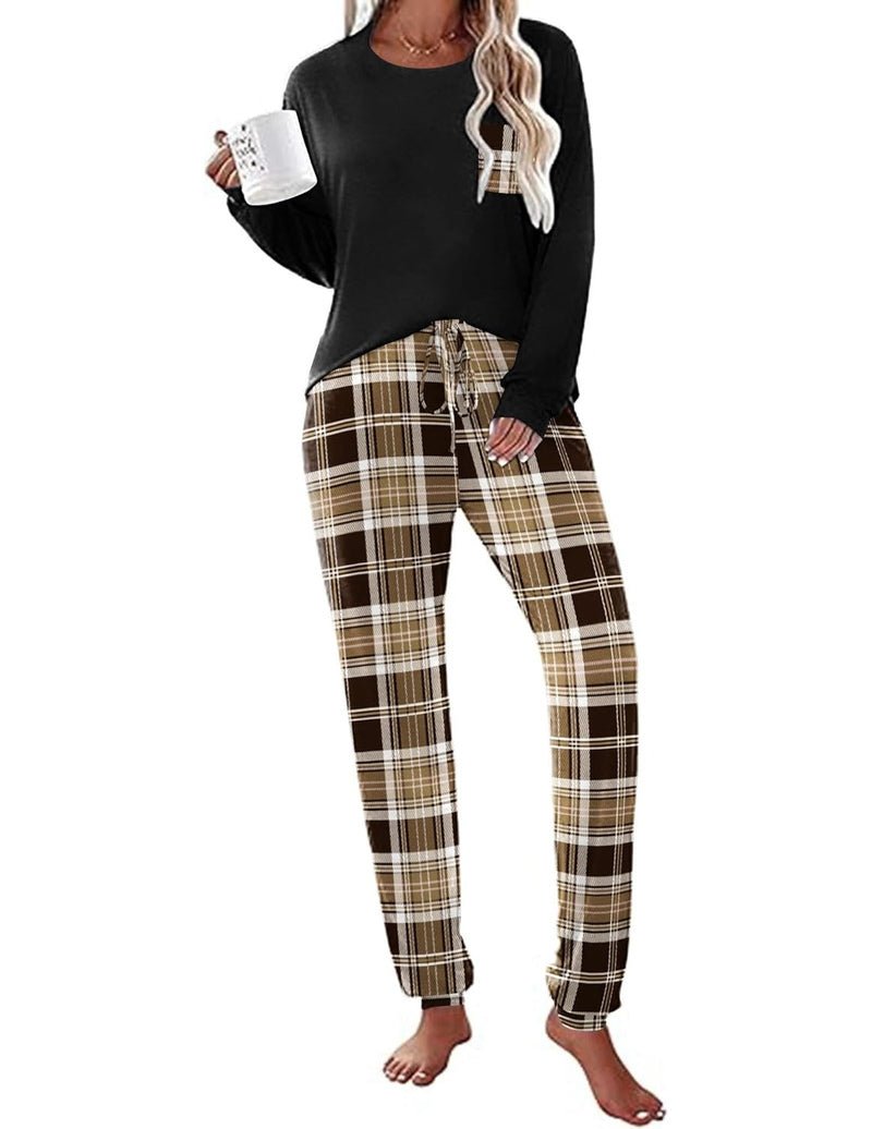 Long Sleeve Christmas PJ set: black long-sleeve top with brown plaid drawstring pants