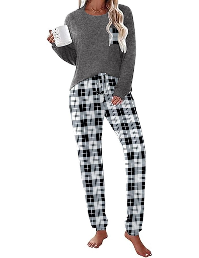 Long Sleeve Christmas PJ set: heather gray long-sleeve top with black-and-white plaid pants