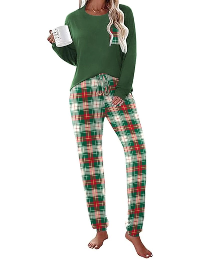 Long Sleeve Christmas PJ set: green top with red-green plaid drawstring pajama pants