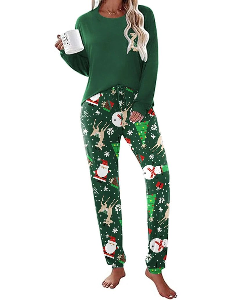 Long Sleeve Christmas PJ set: green long-sleeve top with holiday character print pajama pants