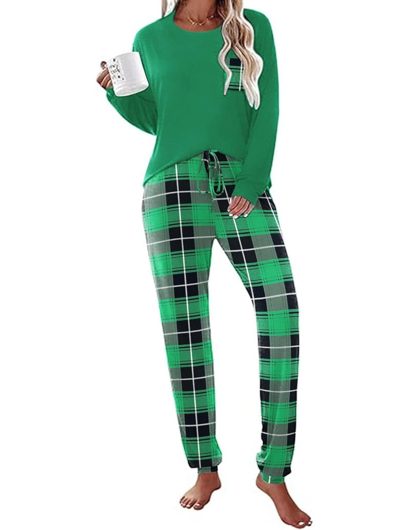 Long Sleeve Christmas PJ set in green with black-and-green plaid pants