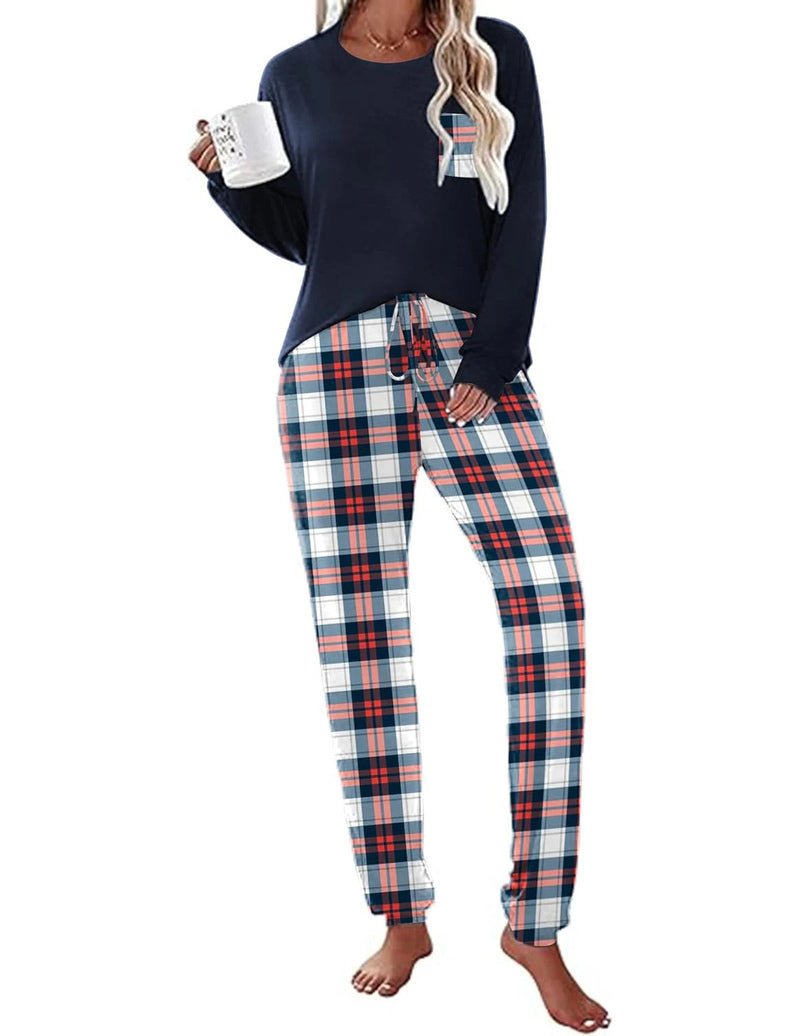 Long Sleeve Christmas PJ set with navy top and red, blue, and white plaid joggers