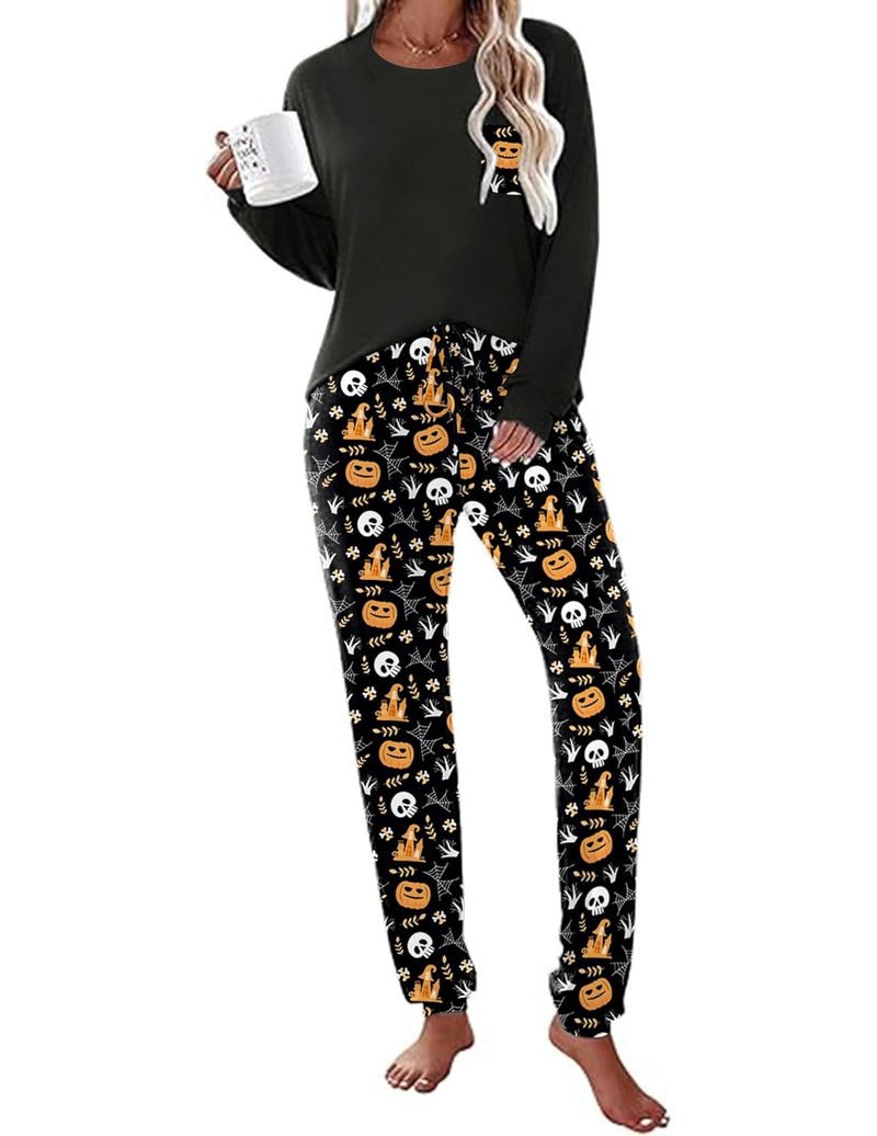 Long Sleeve Christmas PJ set with dark top and Halloween character print pajama pants