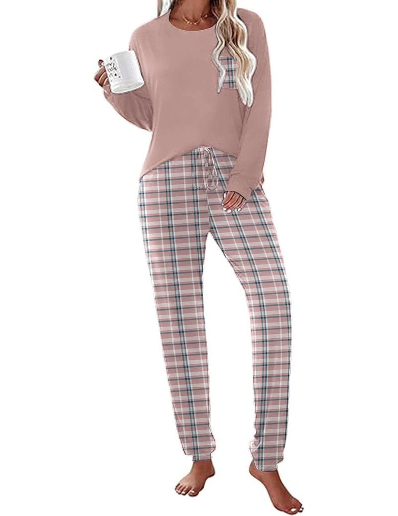Long Sleeve Christmas PJ set with mauve top and beige, pink, and blue plaid pants