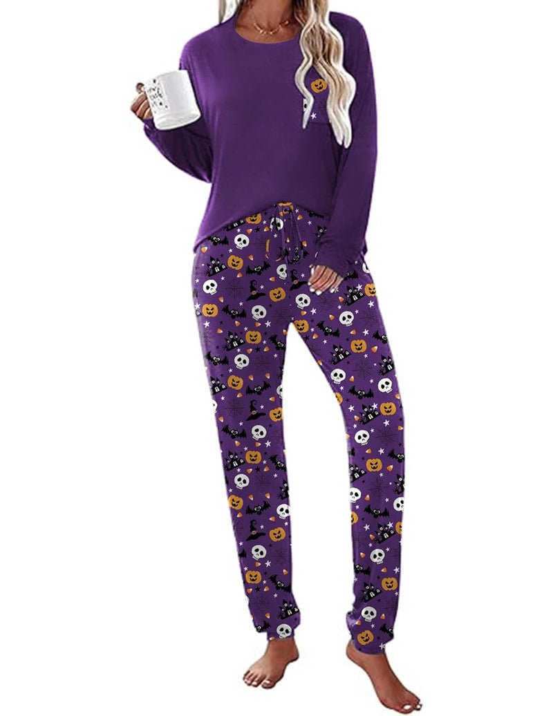 Long Sleeve Christmas PJ set with purple top and purple pajama pants with skulls