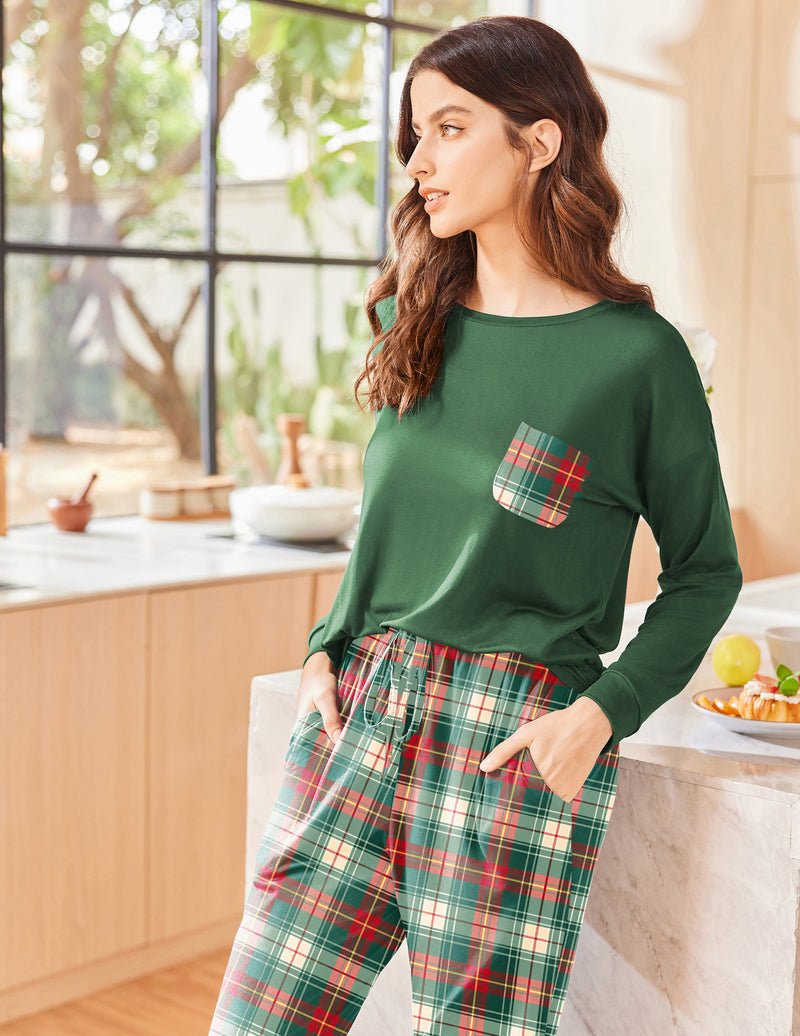 Long Sleeve Christmas PJ set: green long-sleeve top with plaid pocket and plaid pants