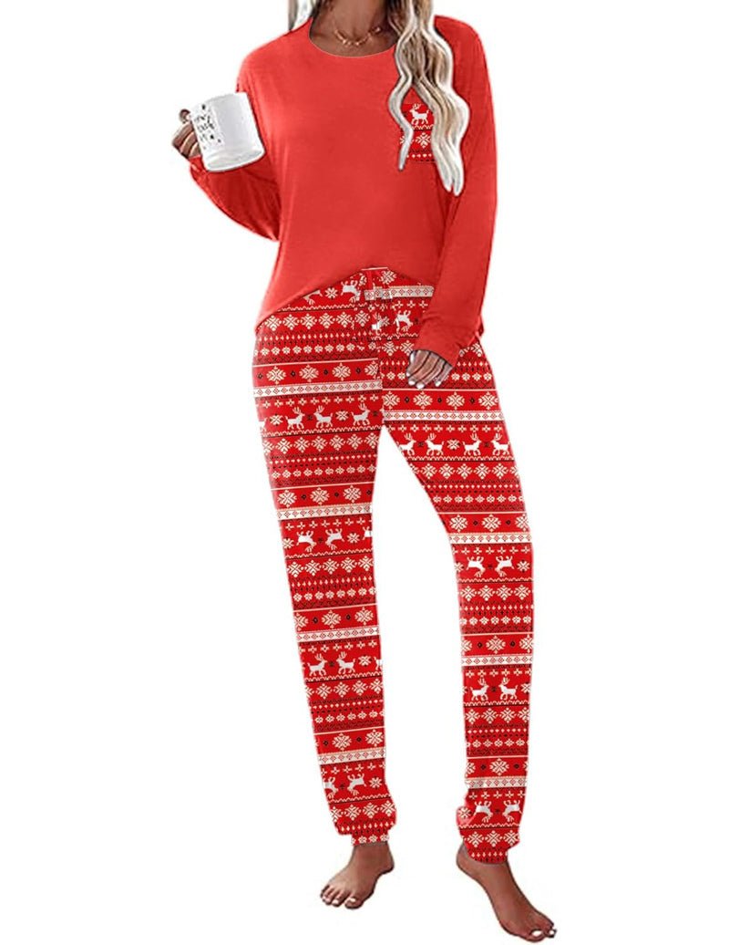 Long Sleeve Christmas PJ set: red long-sleeve top with reindeer patterned pajama pants