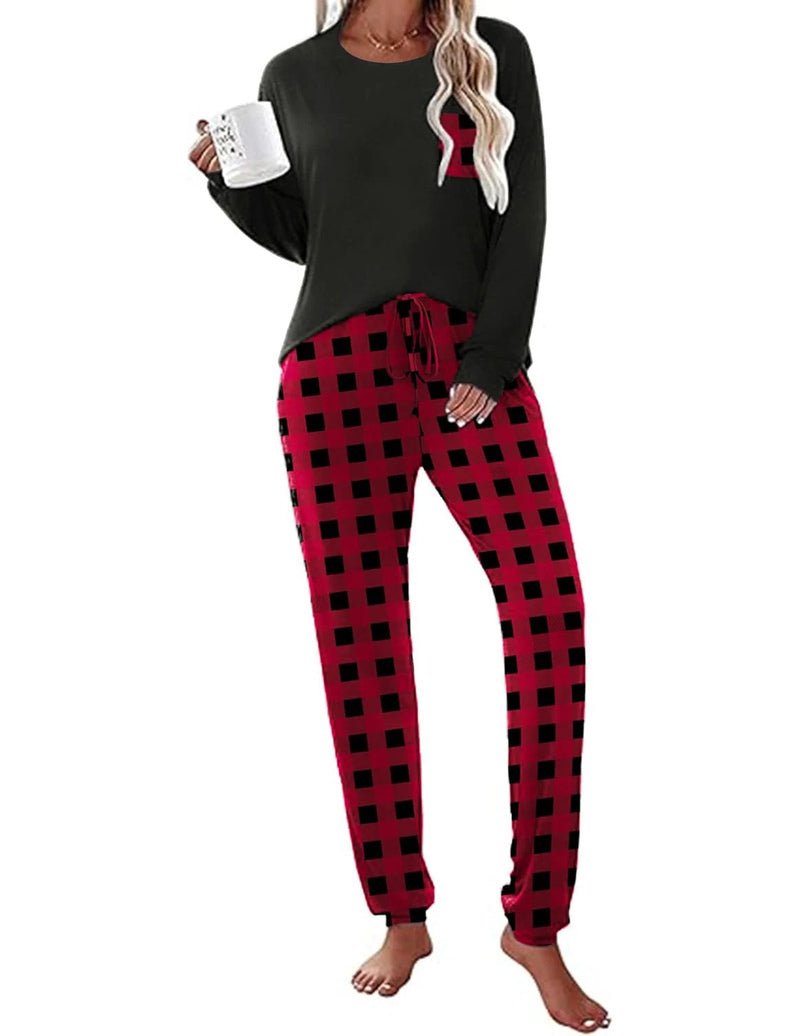 Long Sleeve Christmas PJ set with dark top and red-and-black plaid pajama pants