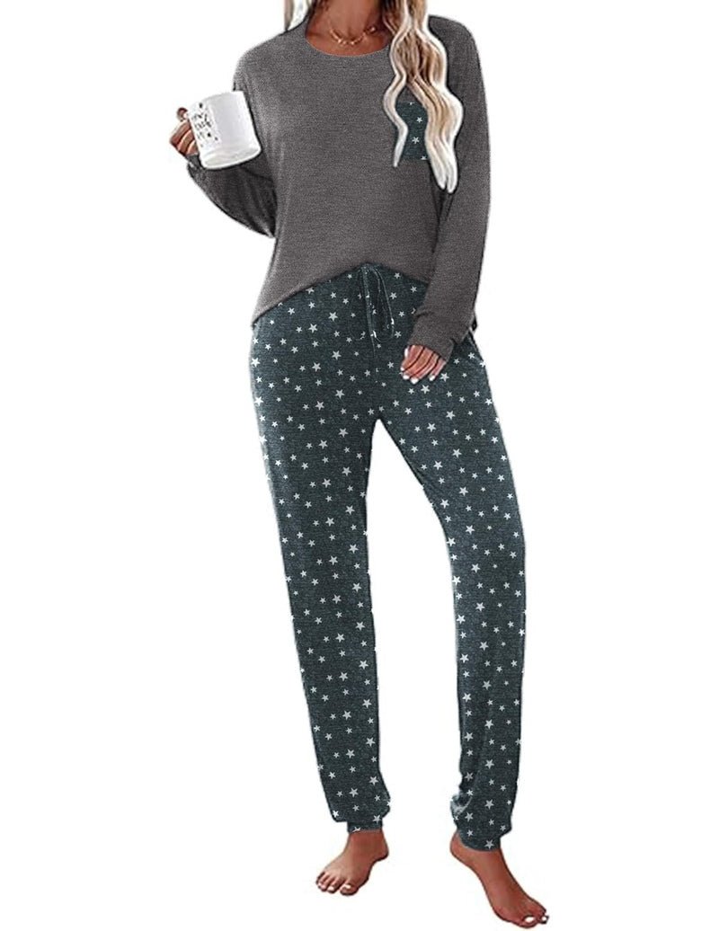 Long Sleeve Christmas PJ set with gray top and dark pants with small star print