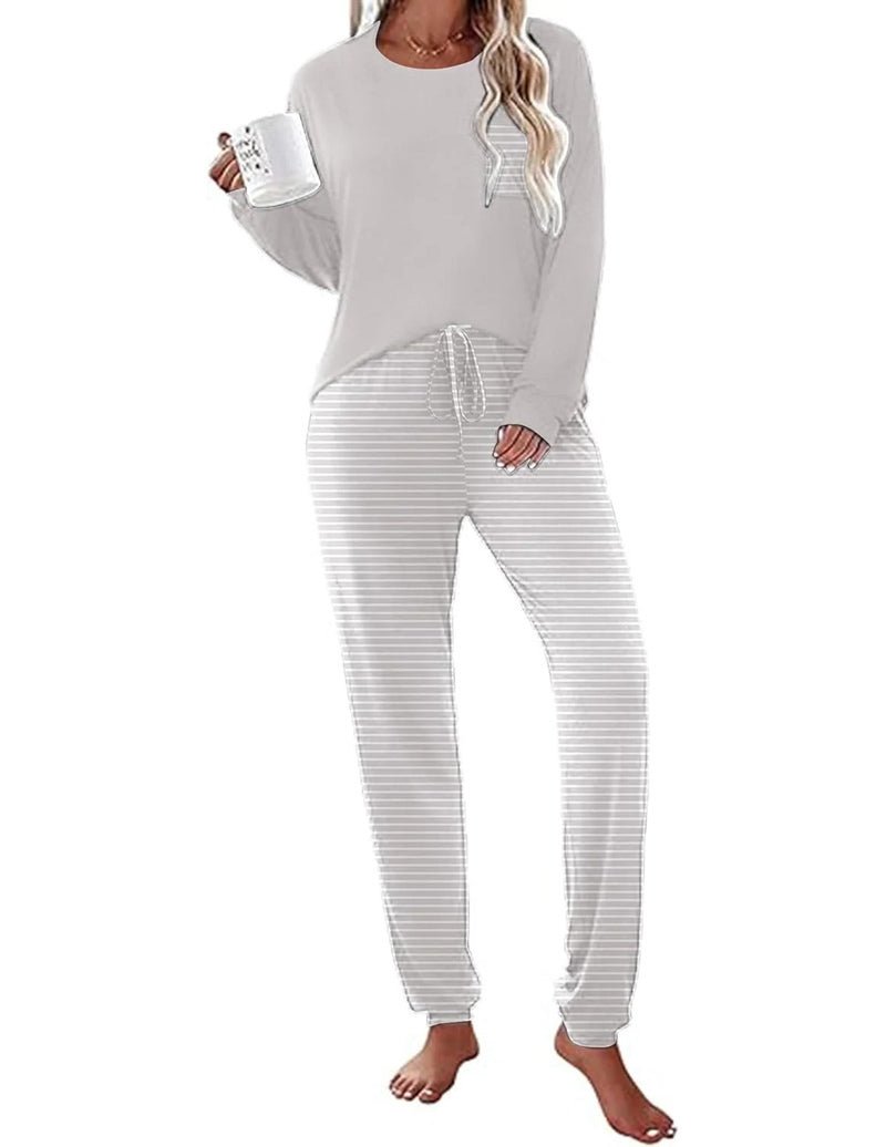 Long Sleeve Christmas PJ set with white top and light gray striped pajama pants