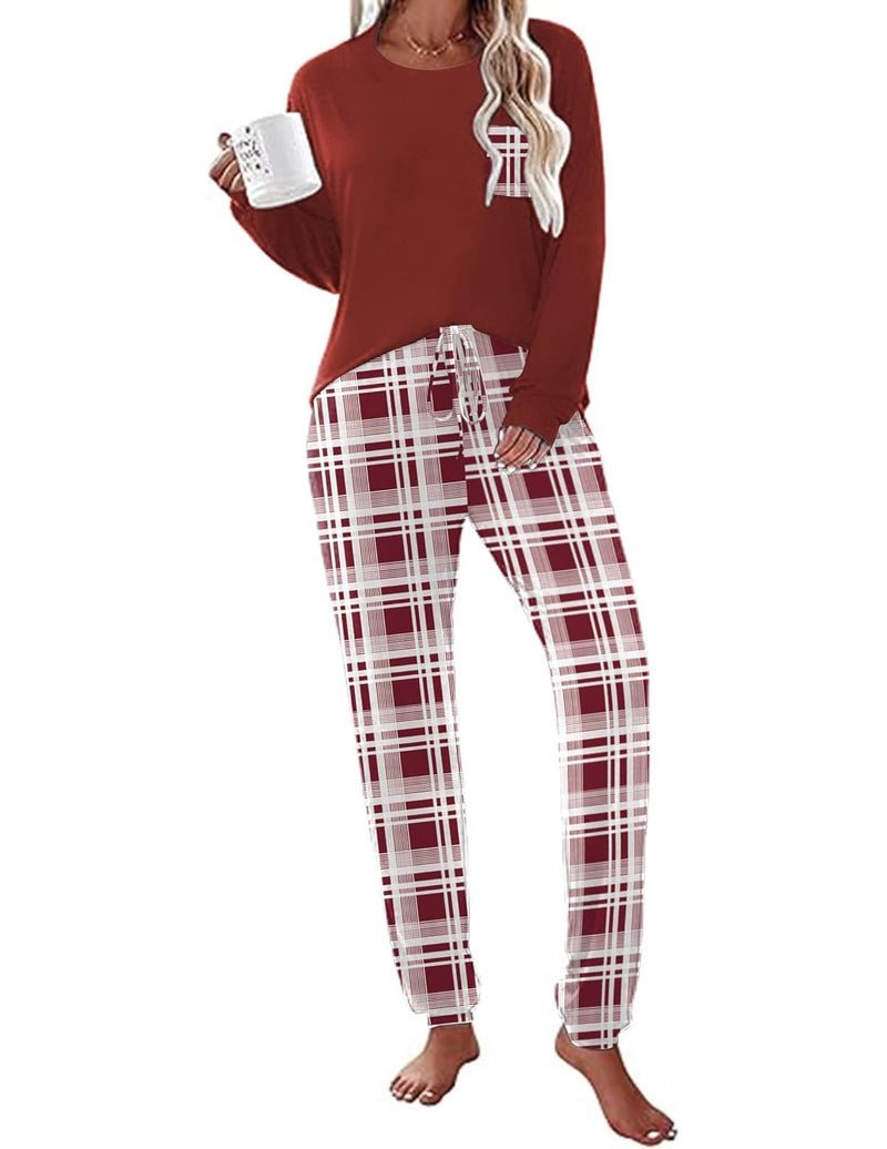 Long sleeve red pajama top with white and burgundy plaid pants