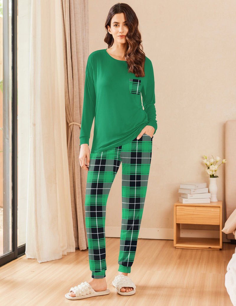 Green long sleeve pajama set with green and black plaid pants