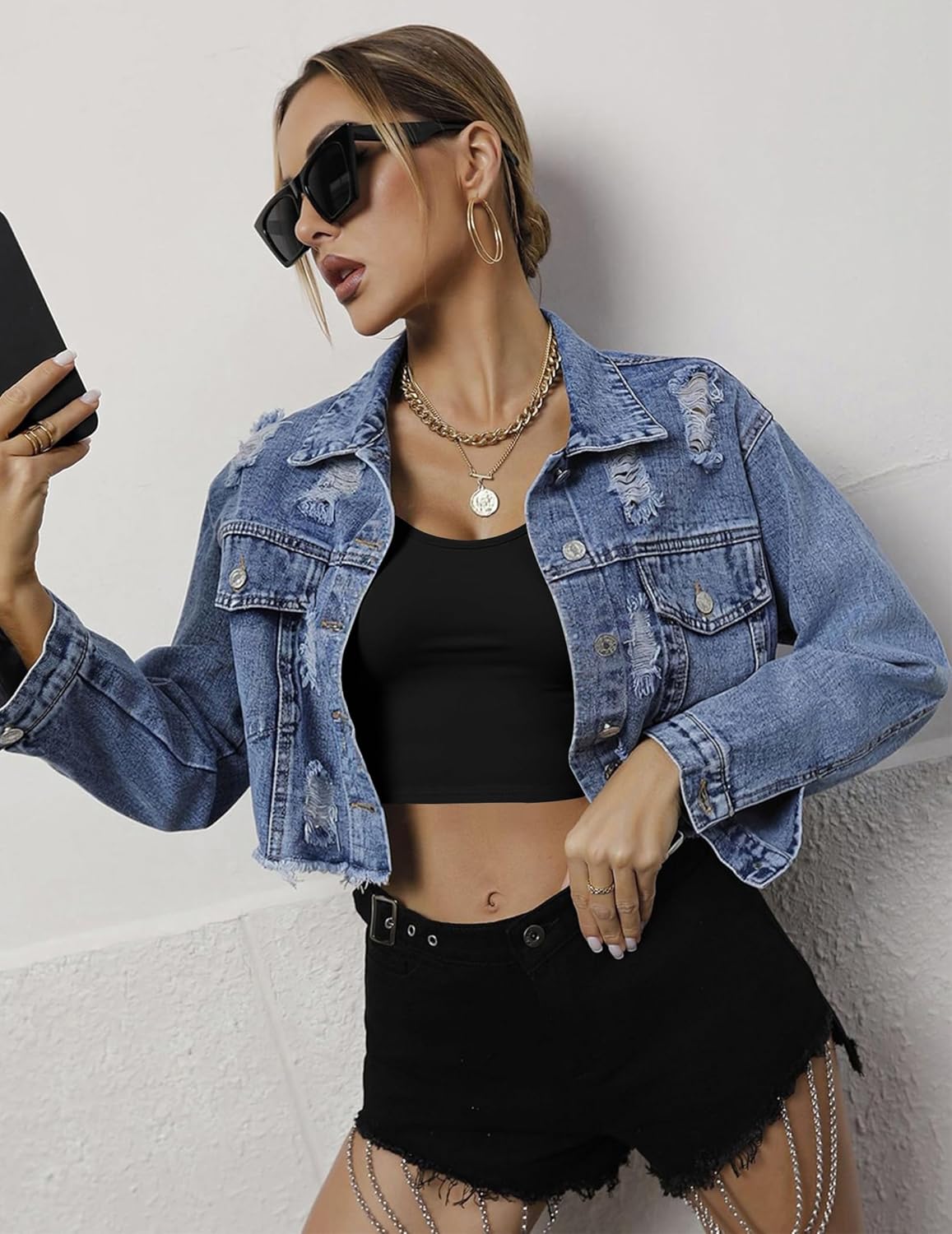 Dunkles Langarm-Crop-Top, Rundhalsausschnitt, Thermo-Untershirt unter Jeansjacke