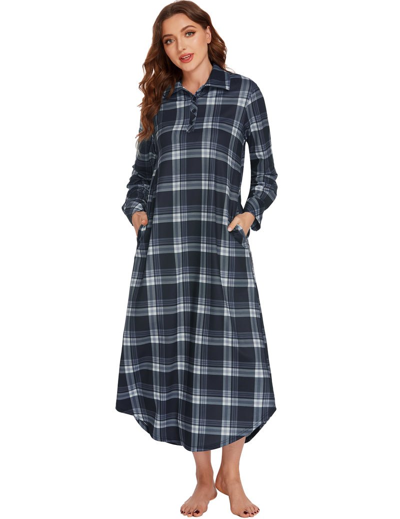 Blue plaid long-sleeve nightgown with button placket, collar, and side pockets