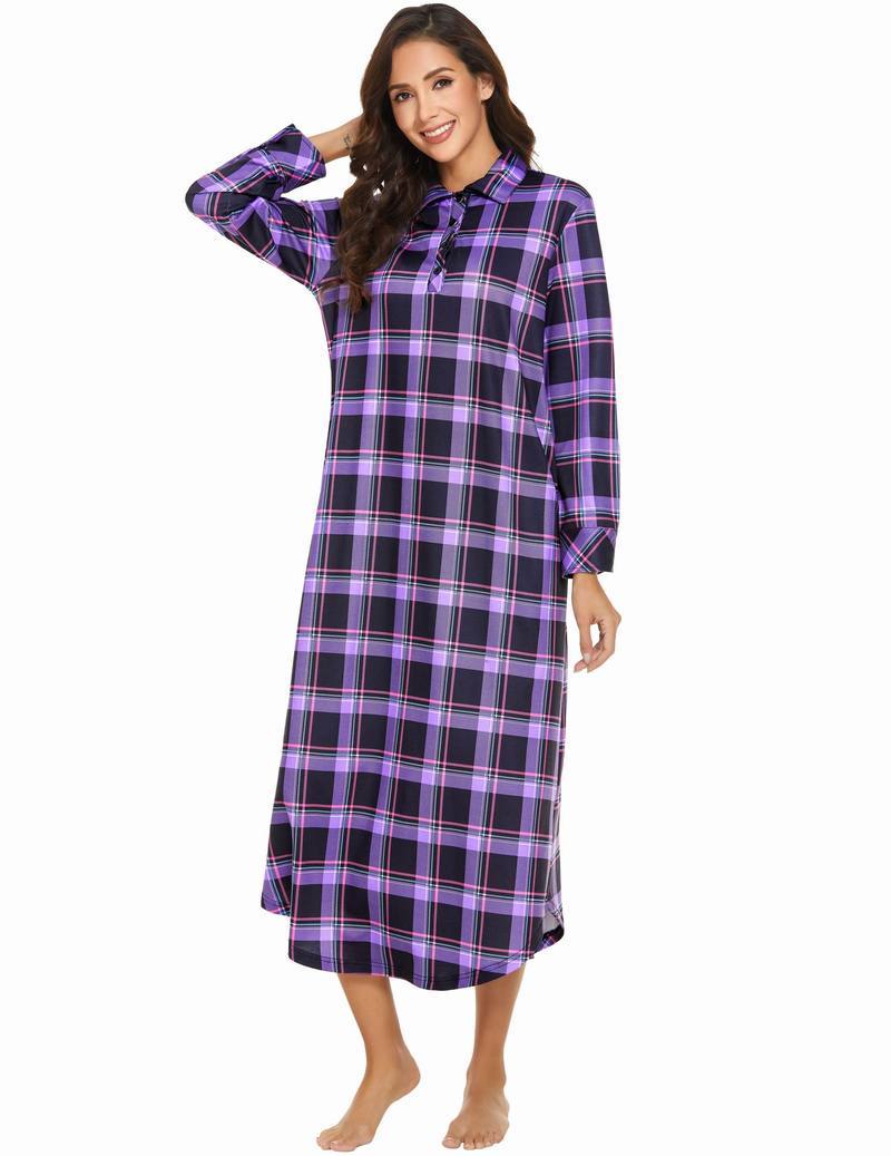 Purple tartan plaid long-sleeve nightgown with button placket and side pockets