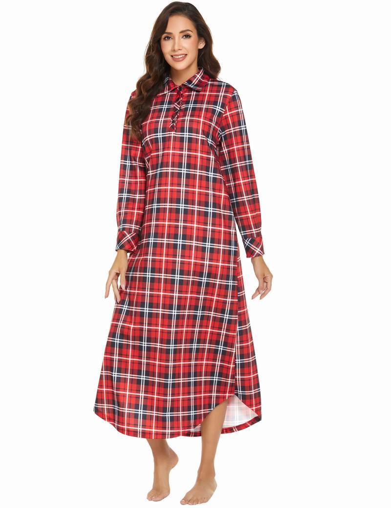 Red plaid long-sleeve nightgown with button front, collar, and side pockets