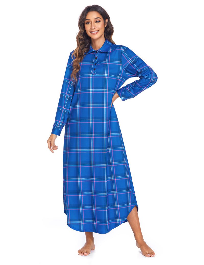 Blue plaid long-sleeve nightgown with button front, collar, and side pockets