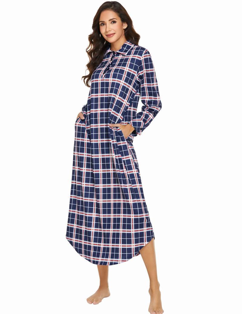 Navy and pink plaid long-sleeve nightgown with button placket, collar, and pockets