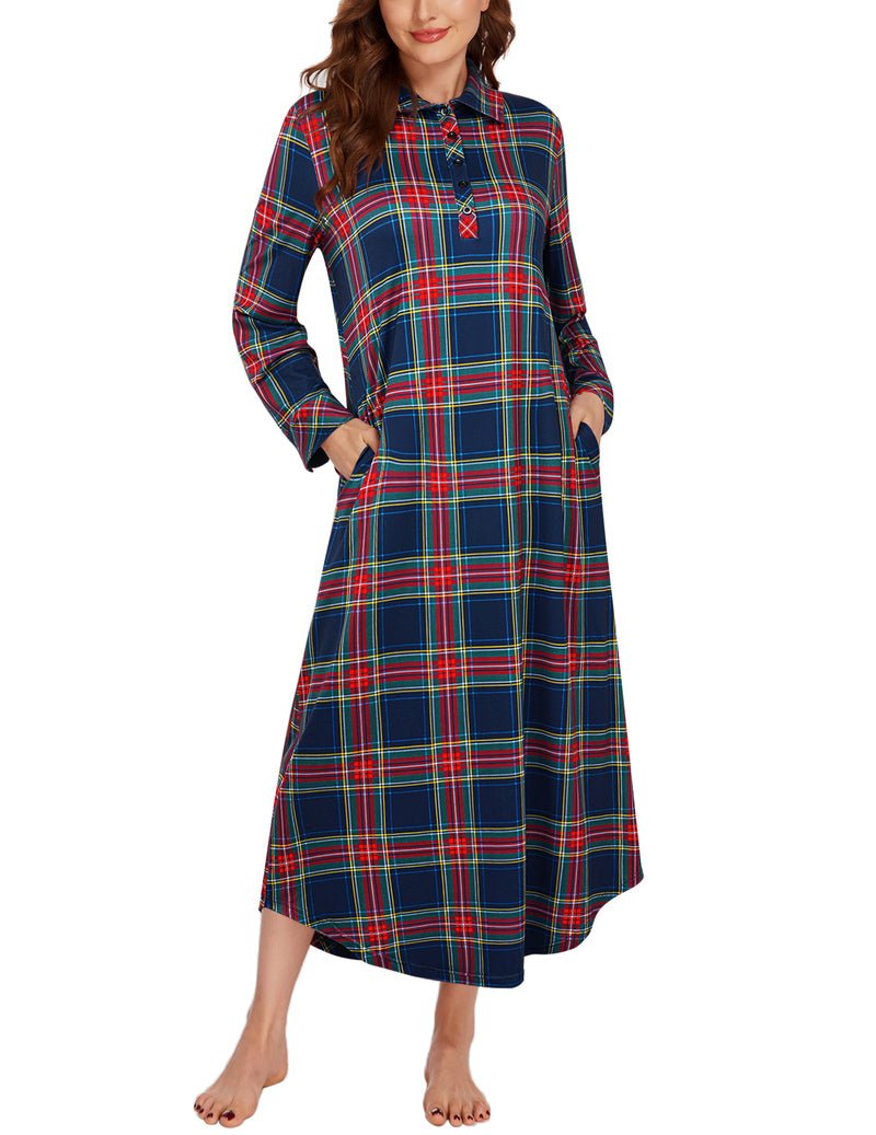 Long sleeve plaid sleepwear dress, navy teal red check, button front, side pockets