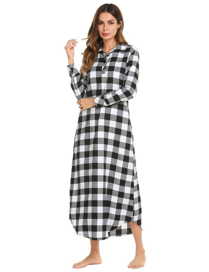 Long-sleeve black-and-white plaid sleepwear, button-front nightgown with long sleeves