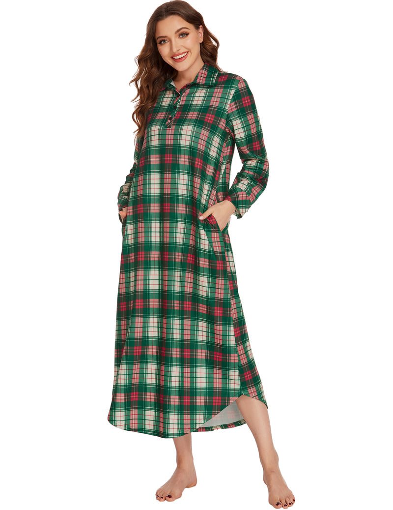 Long-sleeve full-length plaid sleepwear, green and red, button-front nightshirt dress