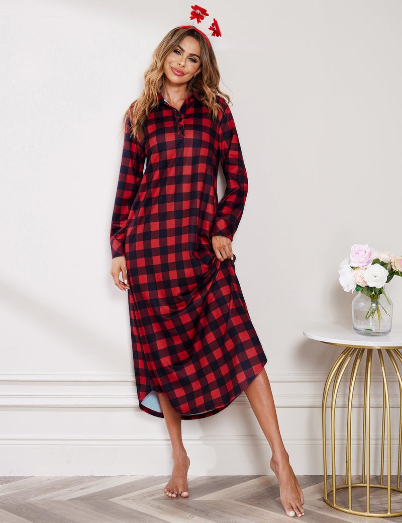 Long-sleeve full-length plaid sleepwear, red and black, button-front shirt dress