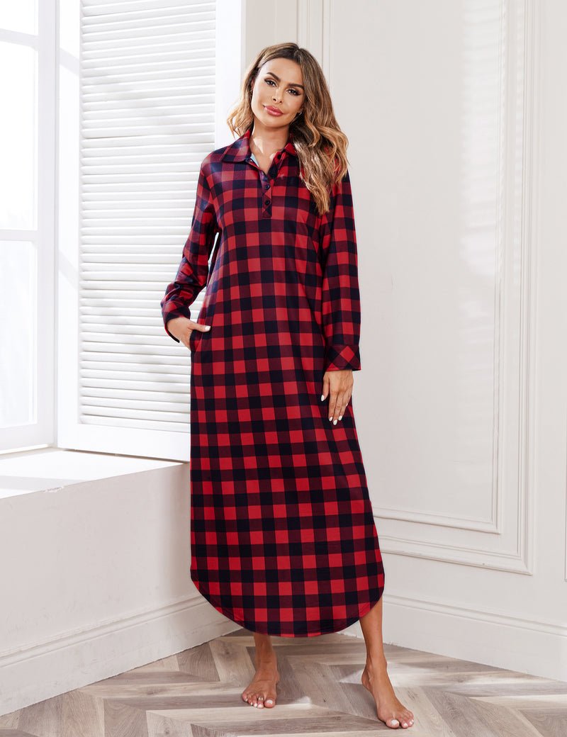 Long-sleeve full-length plaid sleepwear, red and black, button-front nightgown