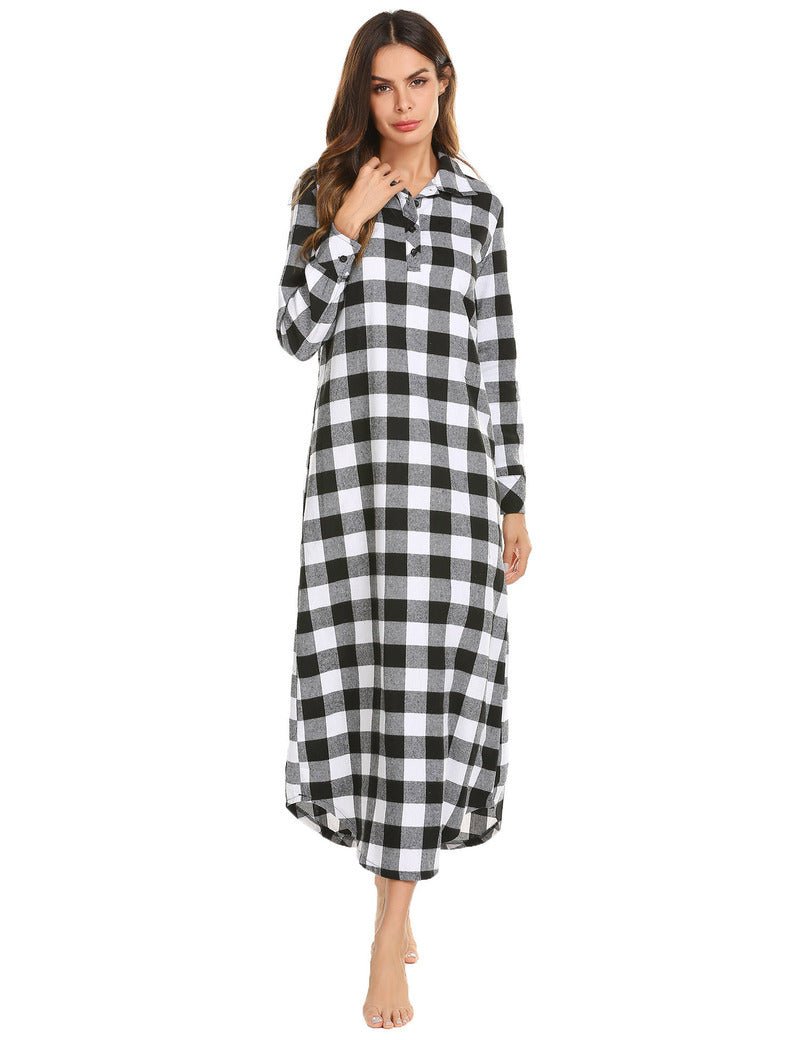 Long-sleeve full-length black-and-white plaid sleepwear, button-front nightgown