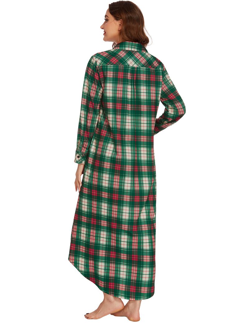 Back view: long-sleeve full-length green-and-red plaid sleepwear, buttoned collar