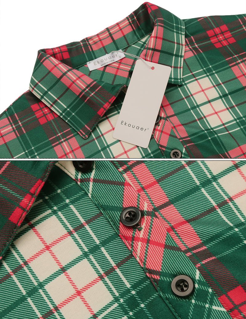 Green-and-red plaid sleepwear close-up: button front and pointed collar
