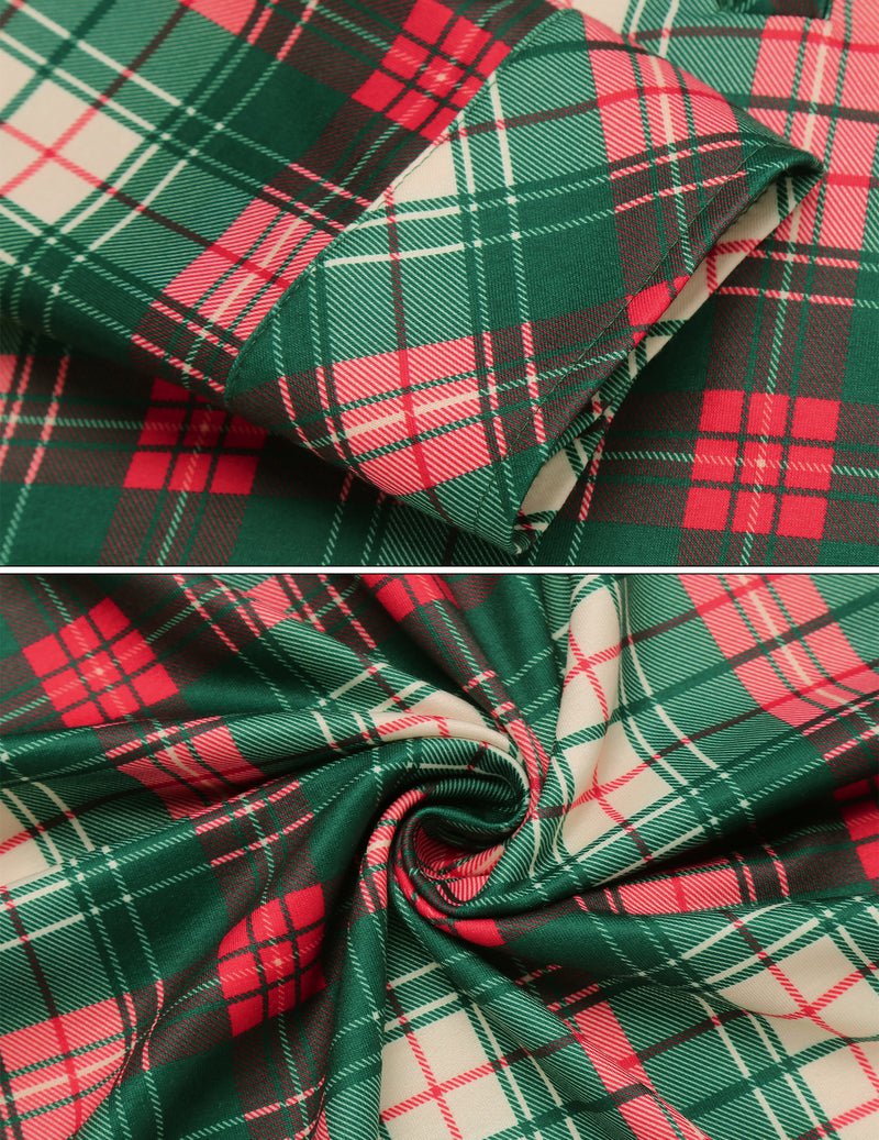 Green-and-red plaid fabric close-up with collar and button detail