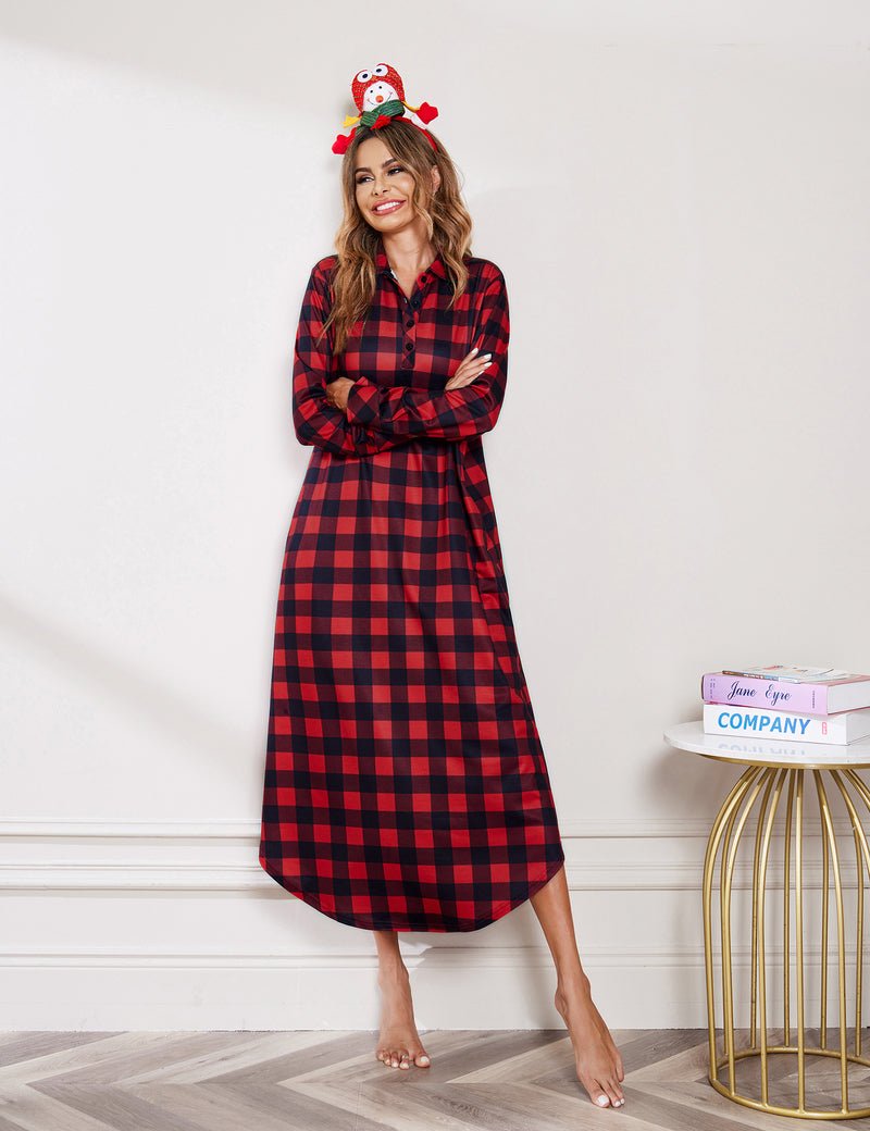 Long-sleeve plaid sleepwear, red and black, button-front nightgown with curved hem