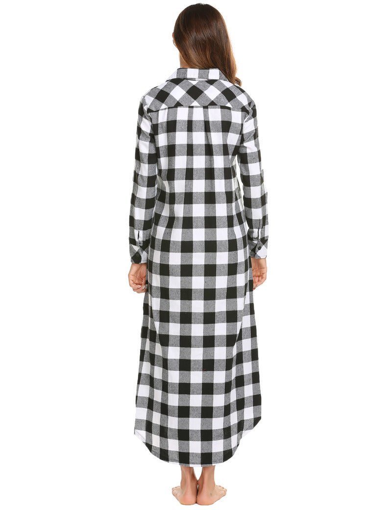 Back view: long-sleeve black-and-white plaid full-length sleepwear