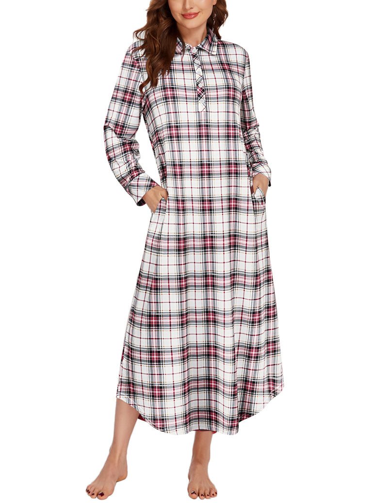 Long sleeve plaid sleepwear dress, light plaid with red and blue checks, button front