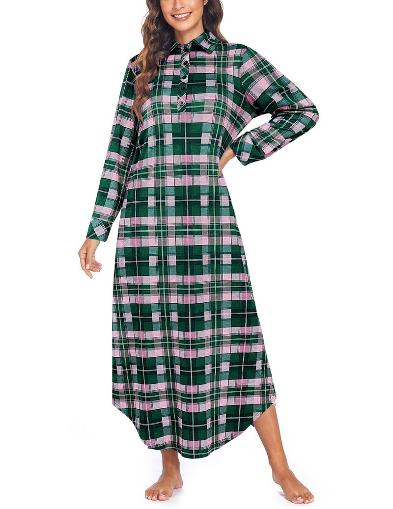 Long sleeve plaid sleepwear dress, dark green-and-cream check, button front, side pockets