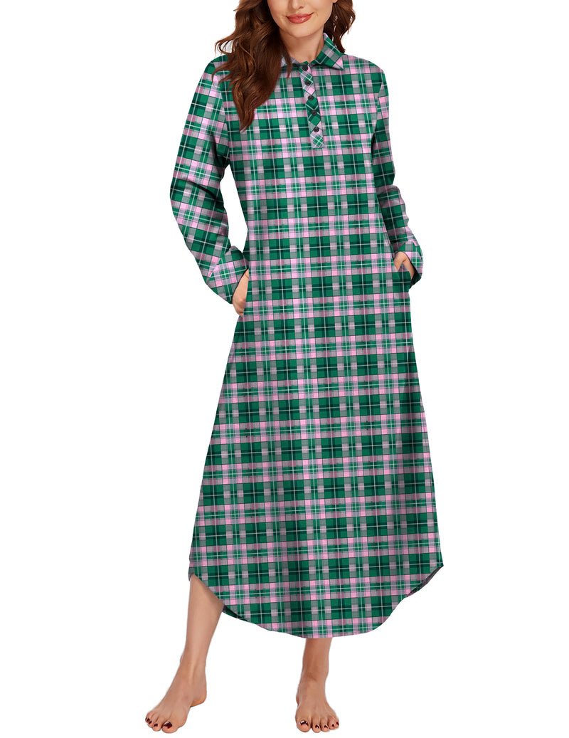 Long sleeve plaid sleepwear dress, green-and-white check, button front, side pockets