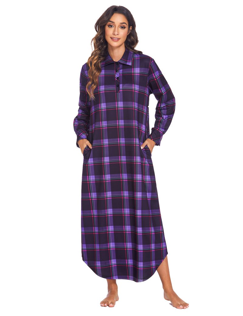 Purple plaid long-sleeve nightgown with button placket, collar, and side pockets