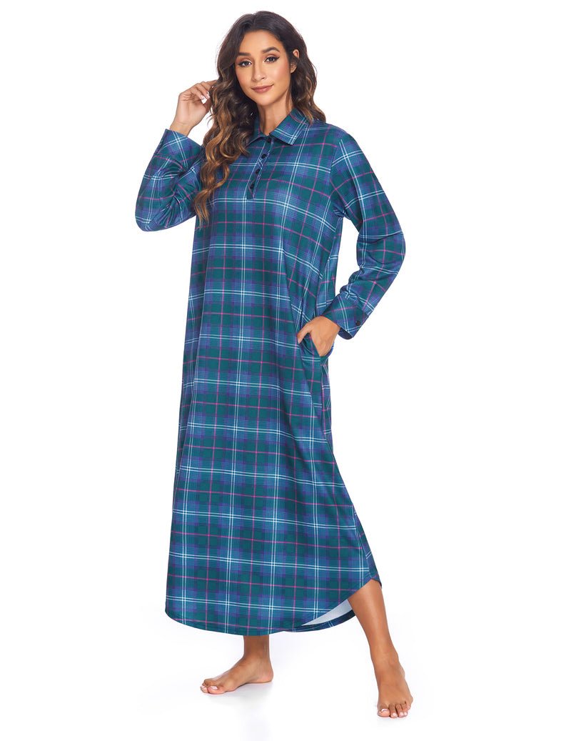 Teal plaid long-sleeve sleep dress with button front, collar, and side pockets
