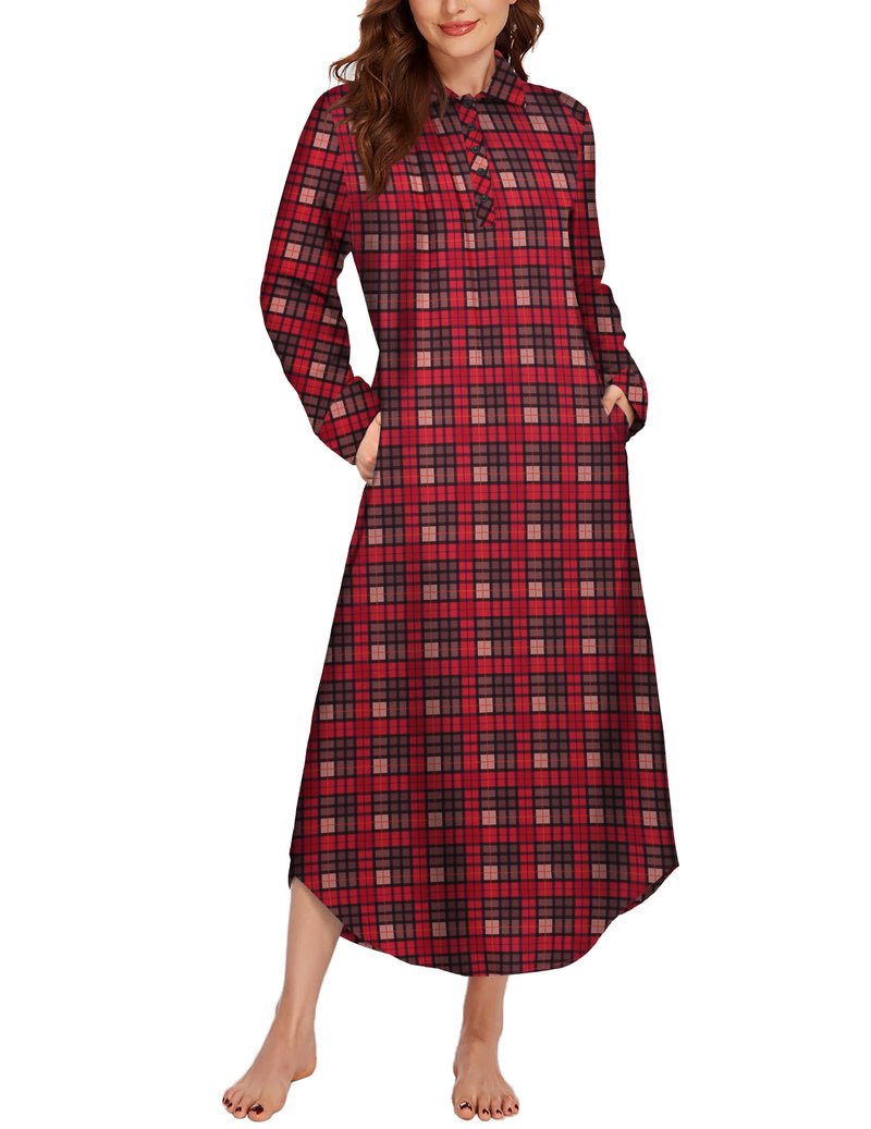 Long sleeve plaid sleepwear dress, red-and-black check, button front, side pockets