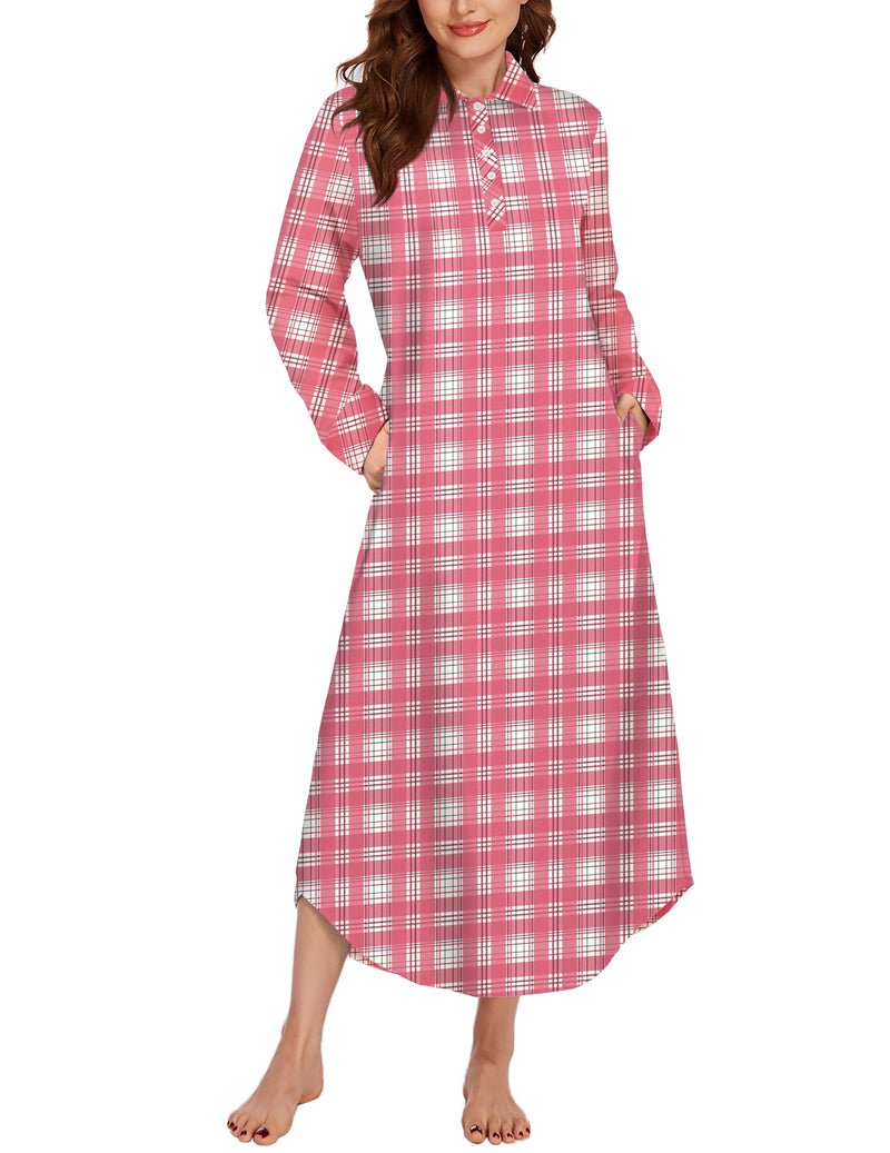 Long sleeve plaid sleepwear dress, pink-and-white check, button front, side pockets