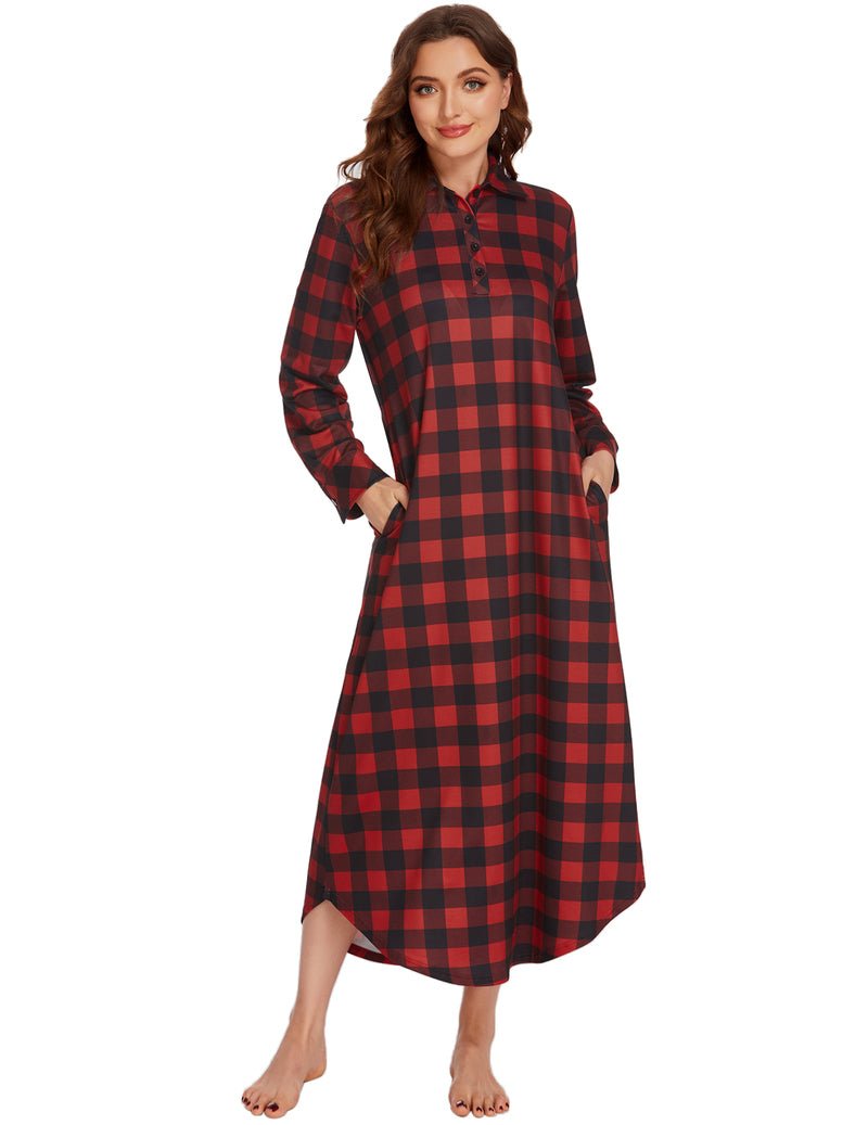 Long sleeve plaid sleepwear dress, dark red-and-black check, button front, side pockets