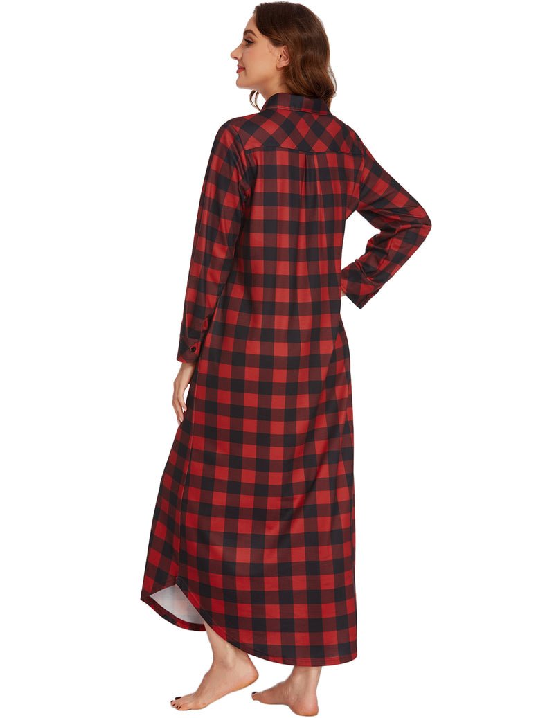Long sleeve plaid sleepwear dress, dark red-and-black check, back view, button front