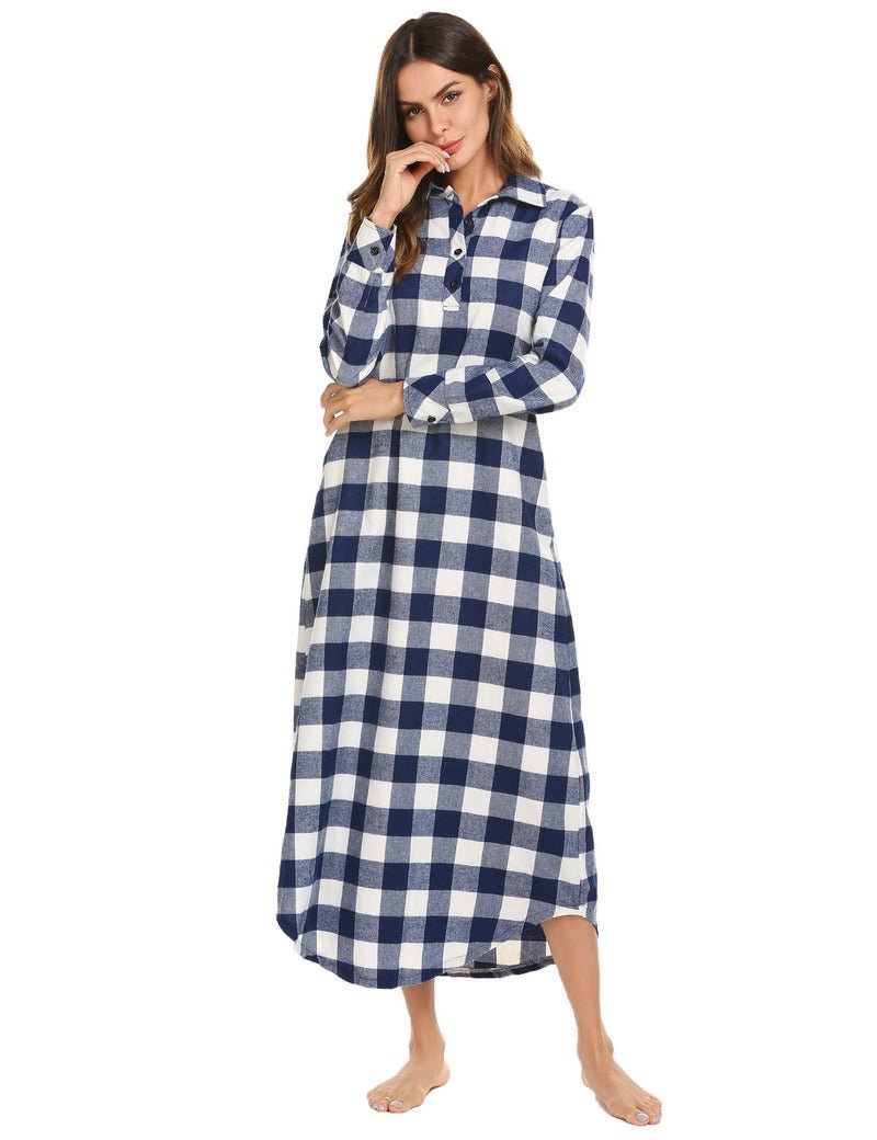 Long sleeve plaid sleepwear dress, navy-and-white gingham check, button front