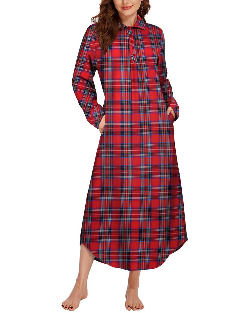 Long sleeve plaid sleepwear dress, red-and-navy check, button front, side pockets