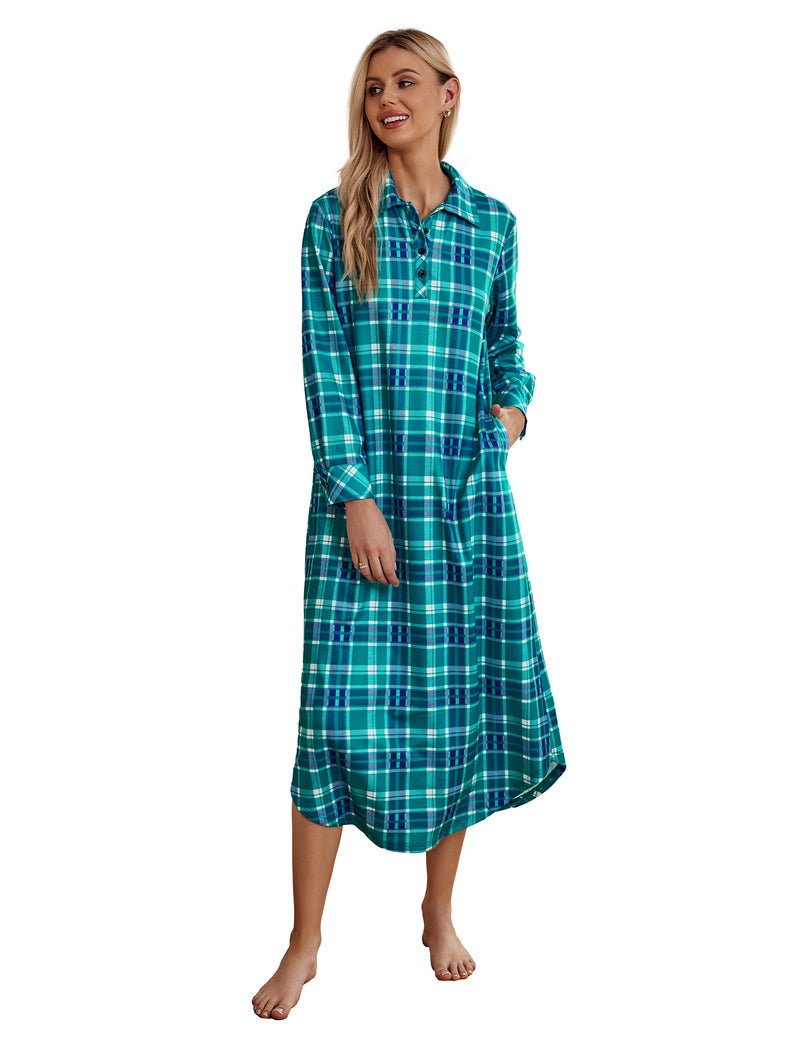 Green teal plaid long-sleeve nightgown with button front, collar, and side pockets