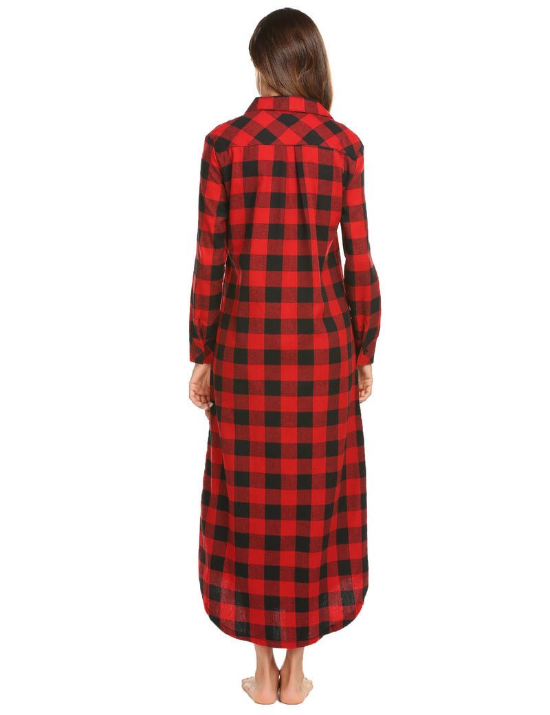 Red plaid long-sleeve nightgown, full length, button back detail and side pockets