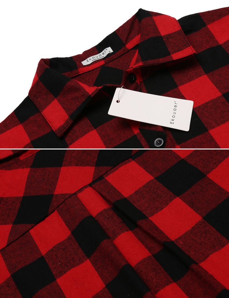 Red and black buffalo plaid sleepwear top with button placket and collar detail