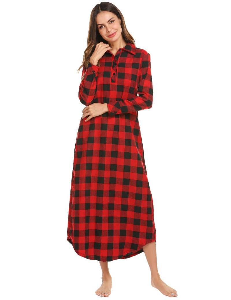 Red and black plaid long-sleeve sleepwear nightgown with front buttons and pockets