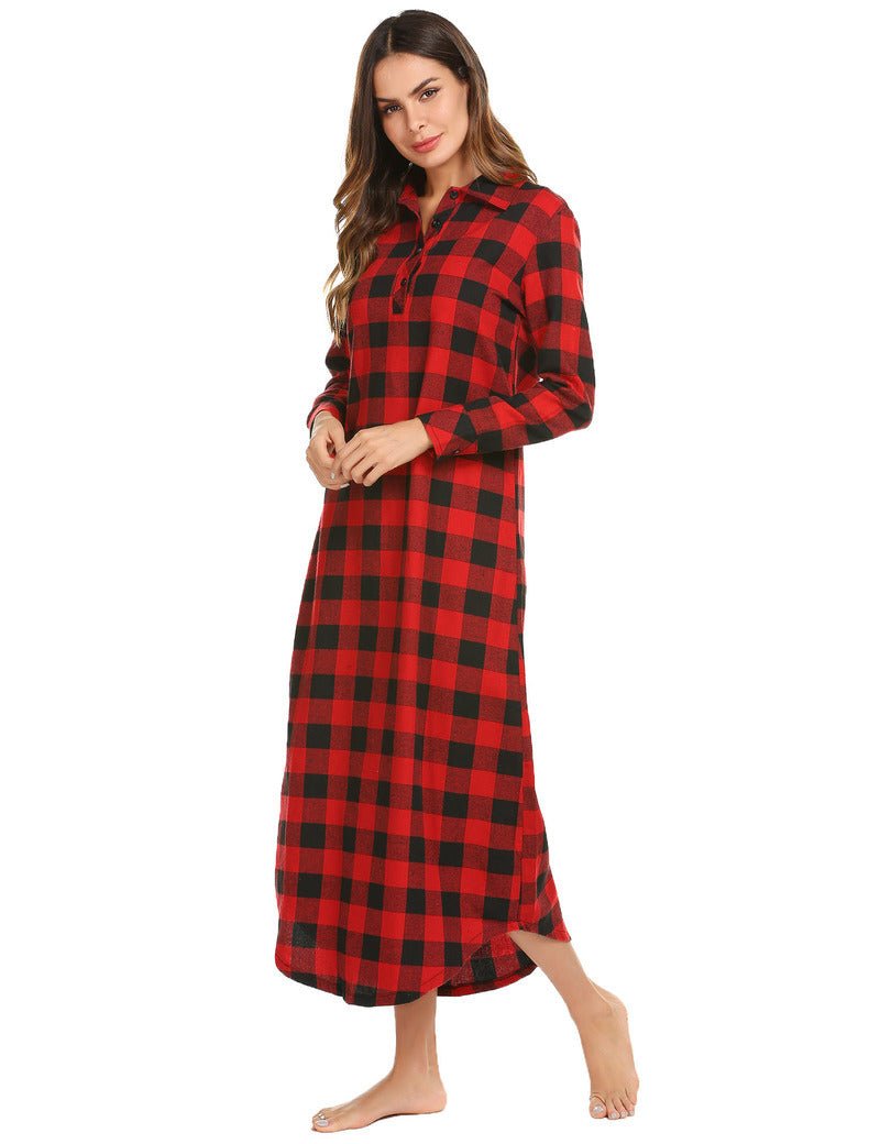 Red and black buffalo plaid long-sleeve nightgown with button placket and pockets